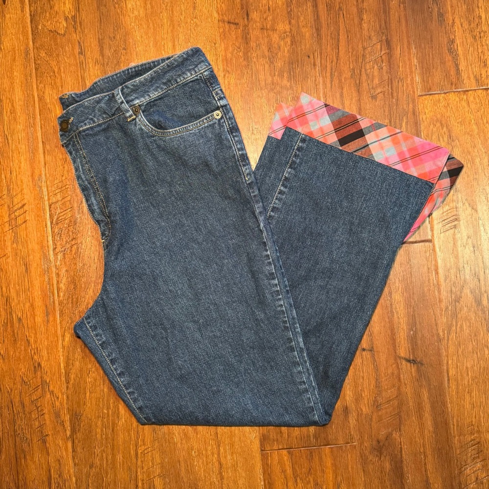 Plaid Cuffed Straight Leg Jeans Womens Medium Wash Denim Pink Orange Plaid Hem